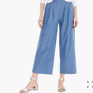 New J.crew 14 Tall Wide Leg Cropped Pants Pull On Chambray Blue Lyocell H6693
